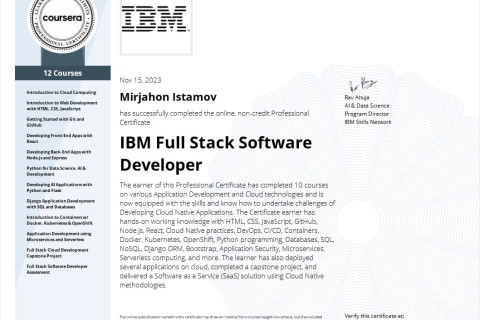 “IBM Full Stack Software Developer" kursini muvaffaqiyatli tugatib ...